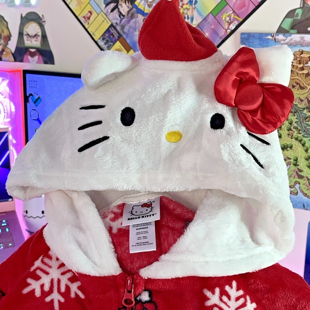 Hello Kitty Christmas Pajamas Hooded One Piece Red Jumpsuit Small S 2023 Sanrio